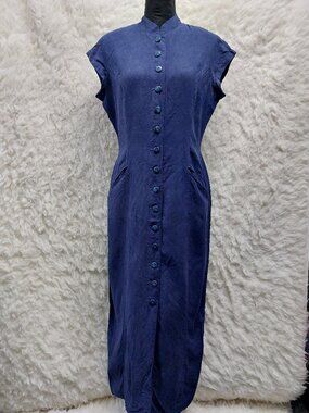 Vintage Georgiou Women's 100% Silk Navy Blue Short-sleeve Button-up Maxi Dress M